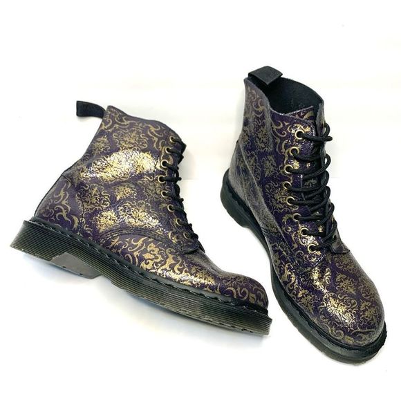 Dr. Martens Shoes - Dr. Martens Pascal BQ Purple and Gold Cristal Baroque Combat Boots Womens size 9